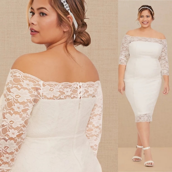 Torrid SPECIAL OCCASION IVORY LACE OFF SHOULDER BODYCON DRESS - Picture 4 of 8
